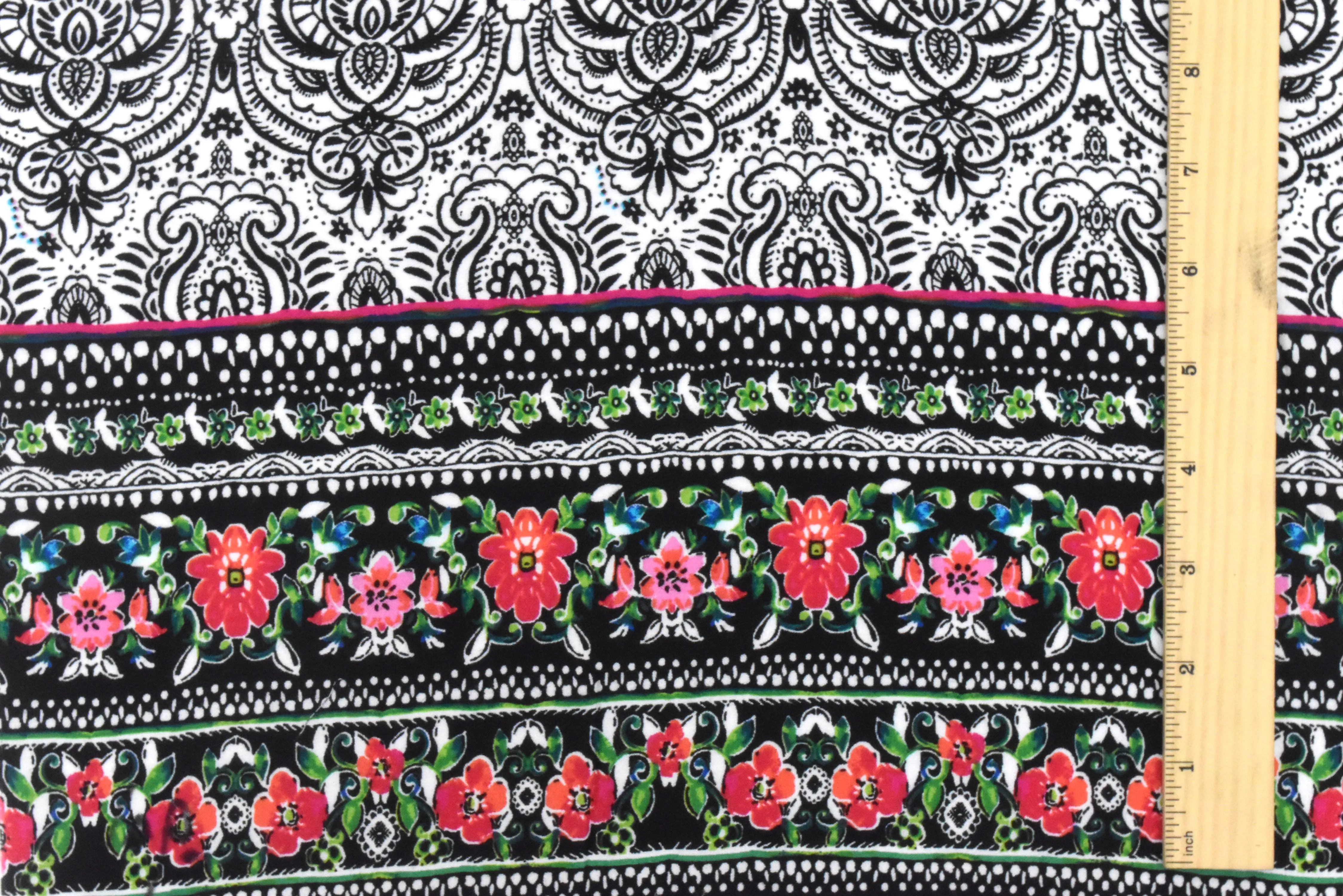 1 1/2 YD PC-Black-Aqua-Multi Floral Border Printed Cotton Batiste Fabric