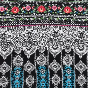 1 1/2 YD PC-Black-Aqua-Multi Floral Border Printed Cotton Batiste Fabric