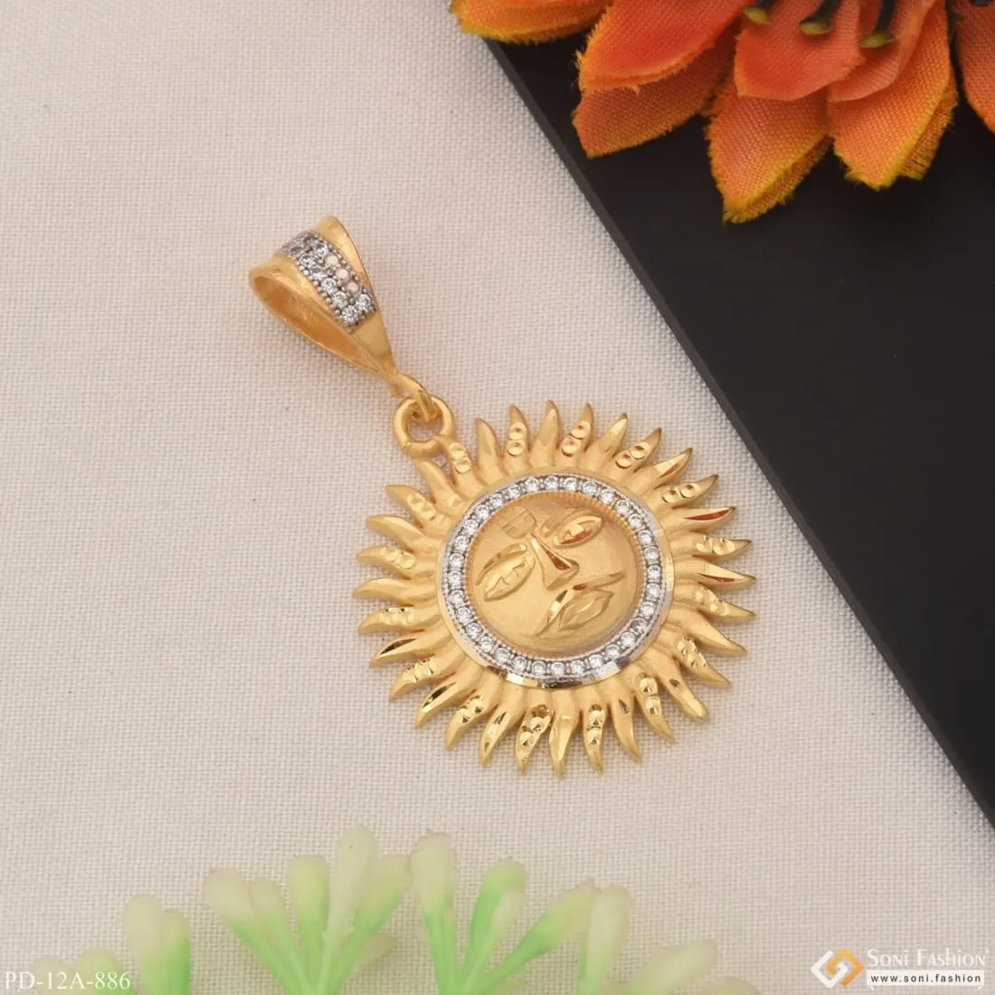 1 Gram Gold - Sun with Diamond High-Quality Gold Plated Pendant - Style A886