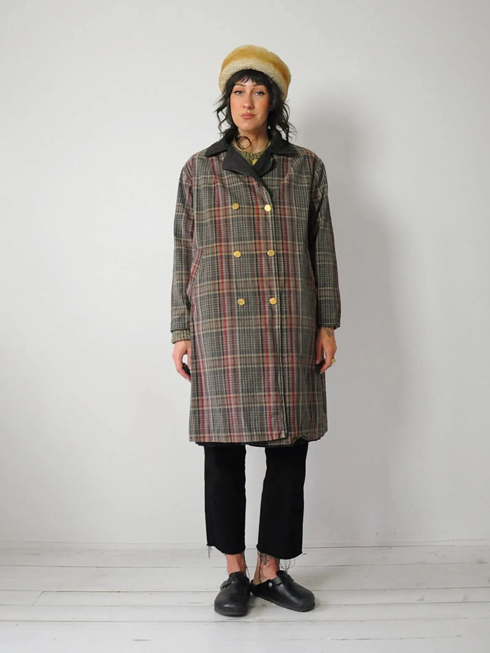 1940's Plaid & Black Reversible Trench Coat