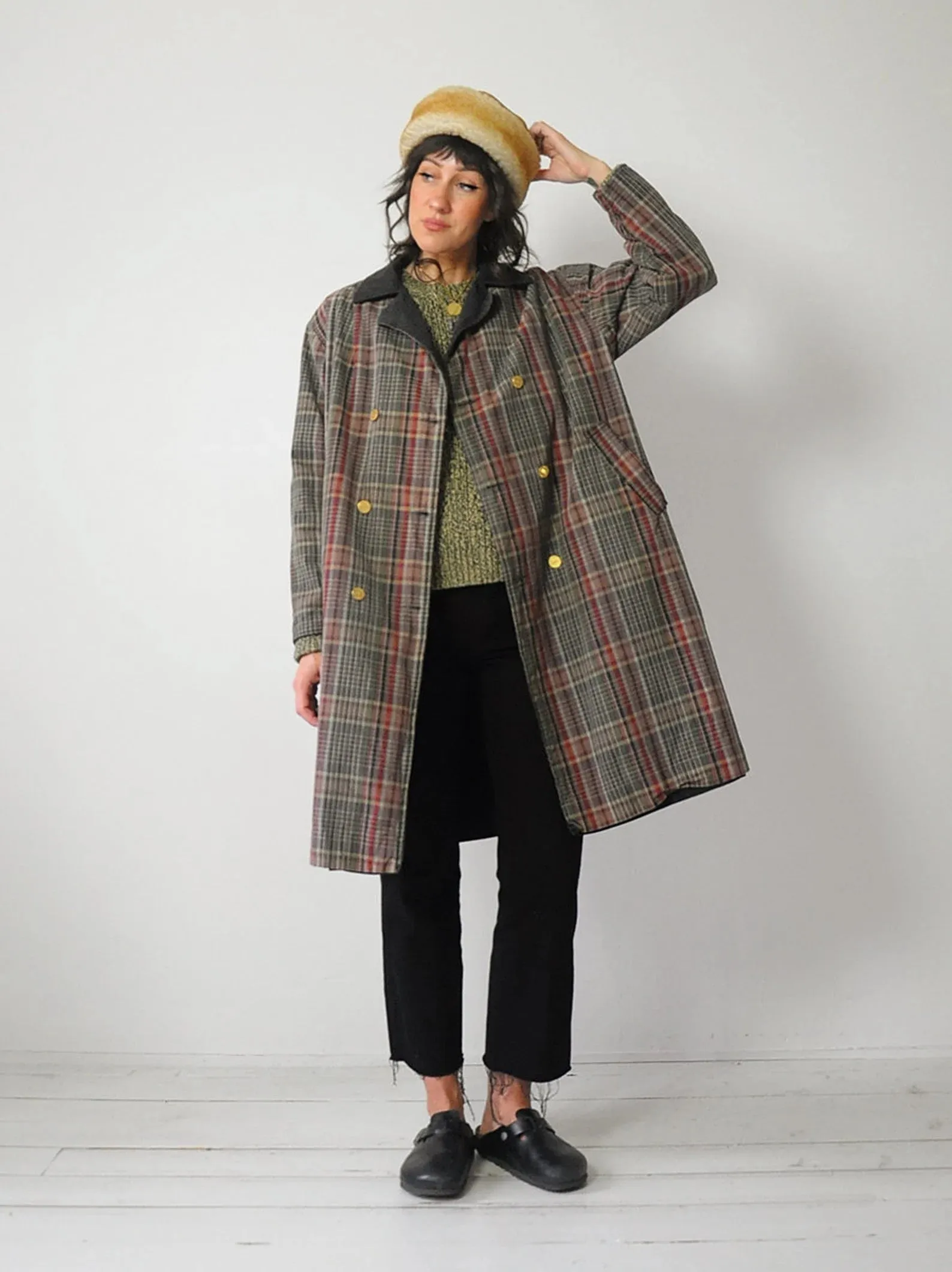 1940's Plaid & Black Reversible Trench Coat