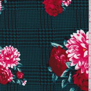 2 1/2 YD PC-Teal/Red Glen Plaid Floral Double Brushed Jersey Knit Fabric