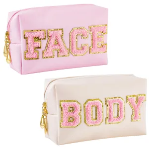 2 Pcs Preppy Patch Makeup Bag Chenille Letter Cosmetic Bag PU Leather Waterproof Toiletry Bag Portable Skin Makeup Pouch Preppy Organizer Accessory for Women Girls (White, Pink, Body, Face)