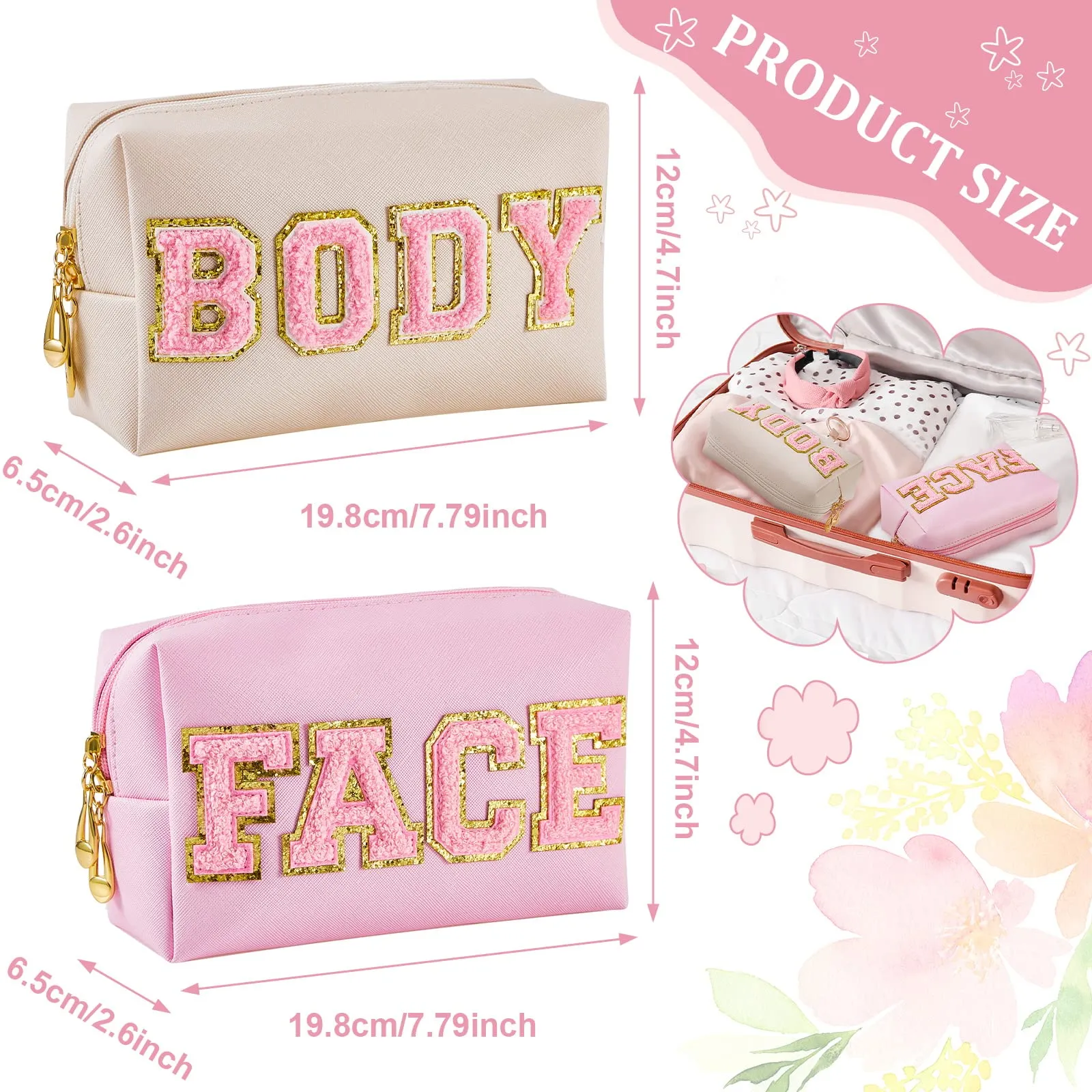 2 Pcs Preppy Patch Makeup Bag Chenille Letter Cosmetic Bag PU Leather Waterproof Toiletry Bag Portable Skin Makeup Pouch Preppy Organizer Accessory for Women Girls (White, Pink, Body, Face)