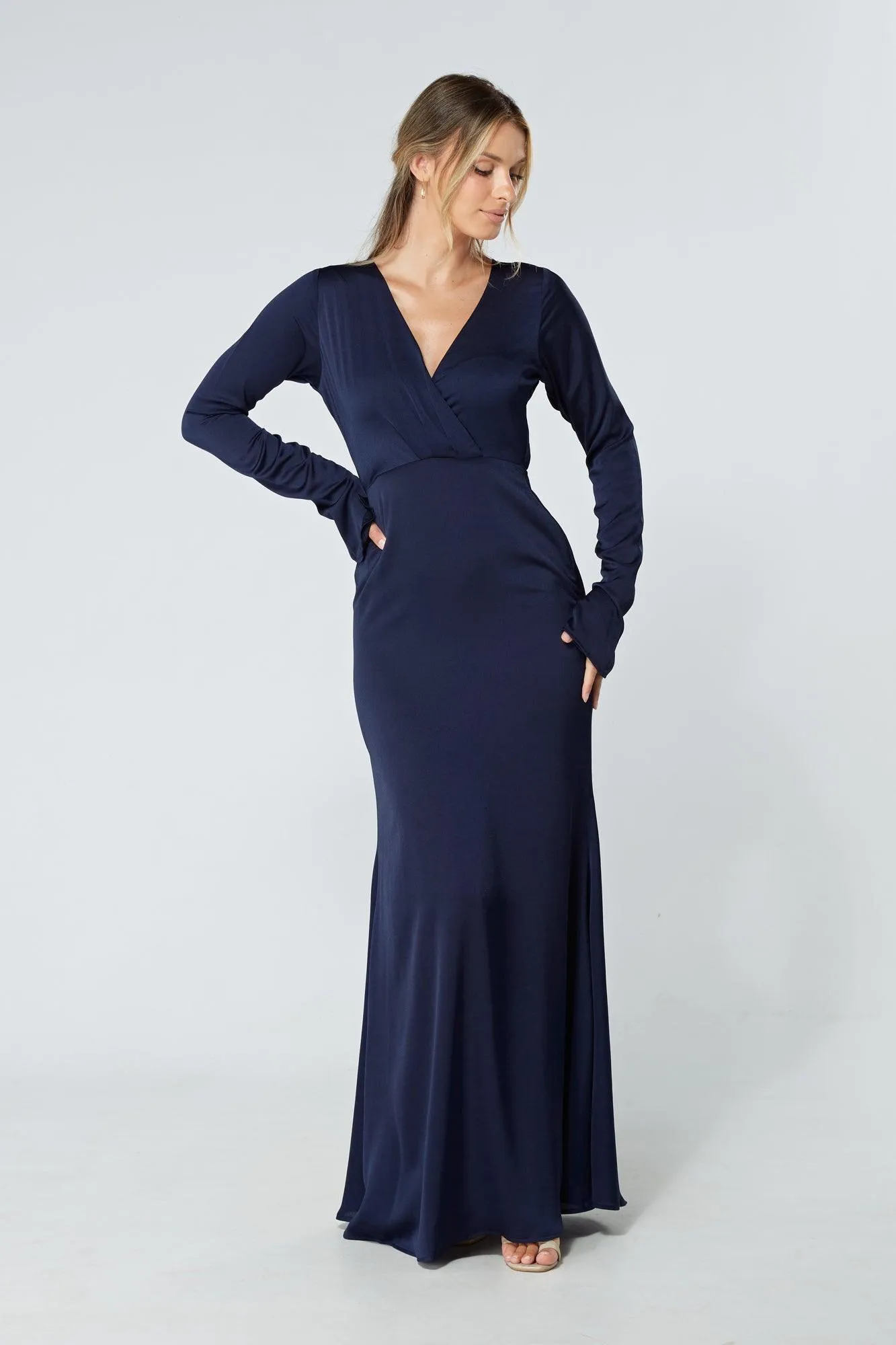 Alessandra Navy Satin-Feel Crepe Maxi Dress