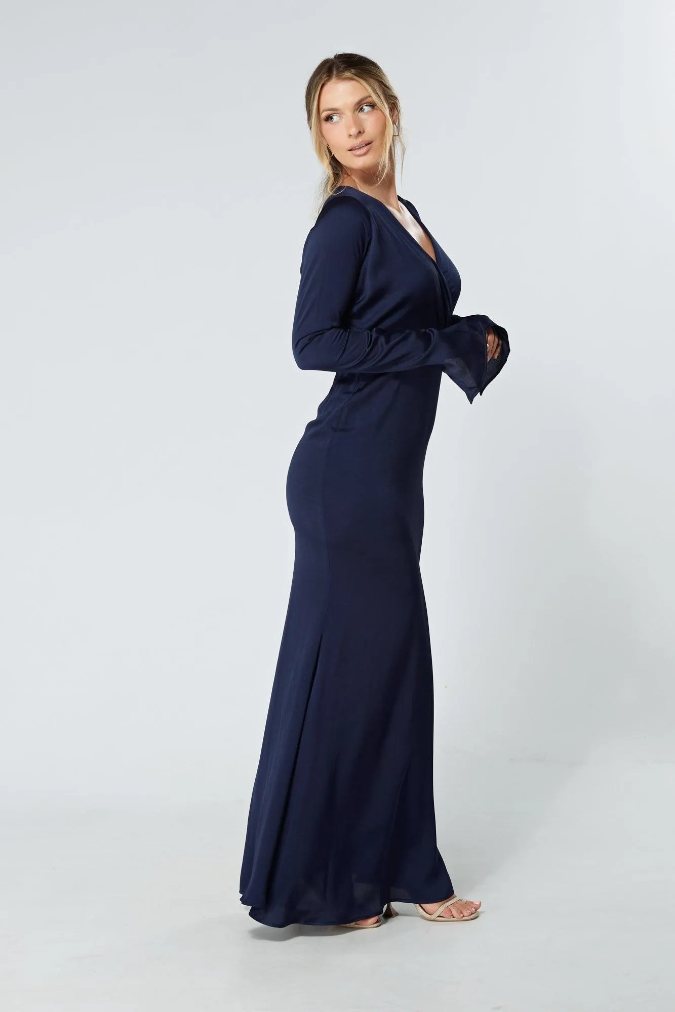 Alessandra Navy Satin-Feel Crepe Maxi Dress