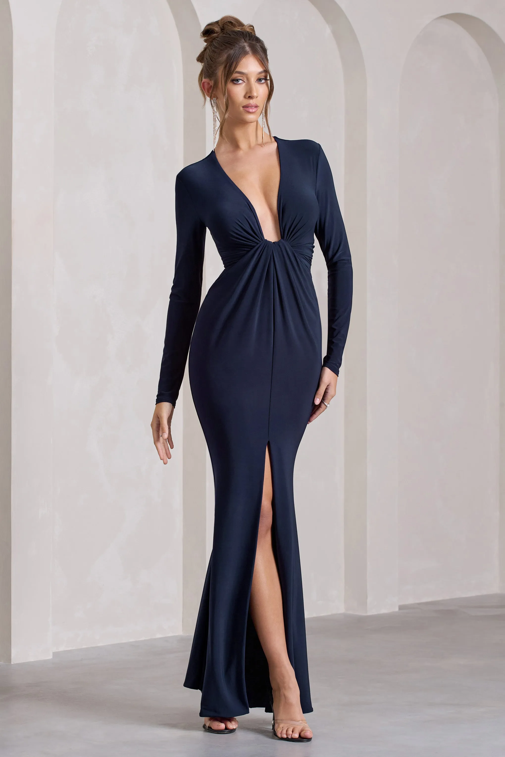 Aluna | Navy Plunge-Neck Twisted Split Maxi Dress