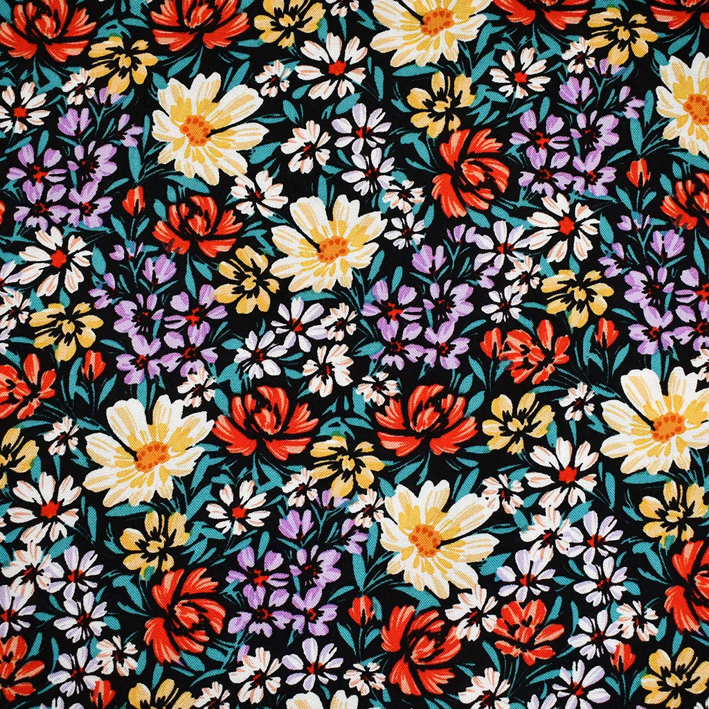 Artistic Flower Field Rayon Challis Black/Multi