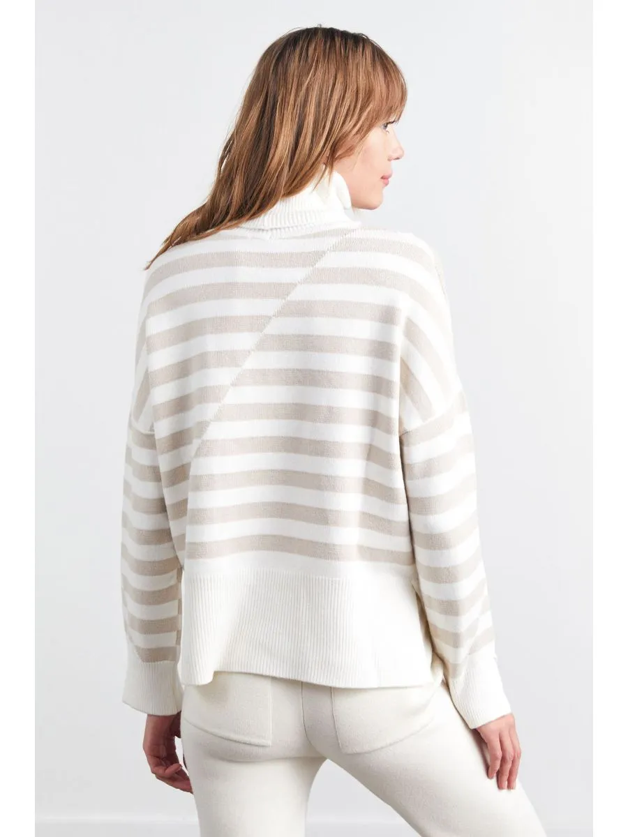 Asymmetrical Striped Full Turtleneck Ecru Beige Knitwear Sweater