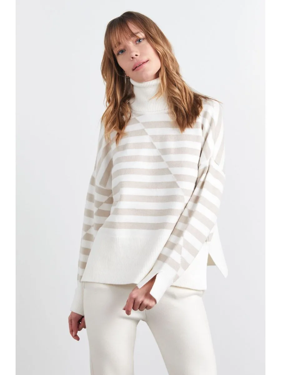 Asymmetrical Striped Full Turtleneck Ecru Beige Knitwear Sweater