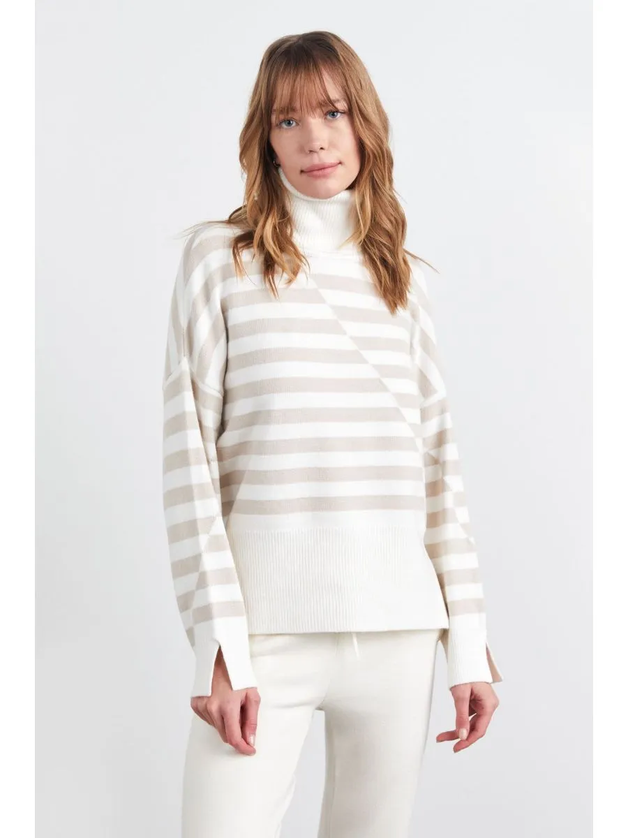 Asymmetrical Striped Full Turtleneck Ecru Beige Knitwear Sweater