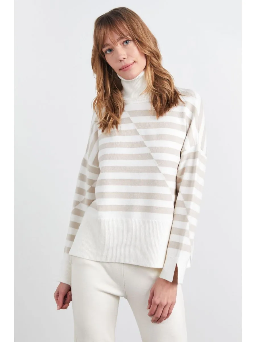 Asymmetrical Striped Full Turtleneck Ecru Beige Knitwear Sweater