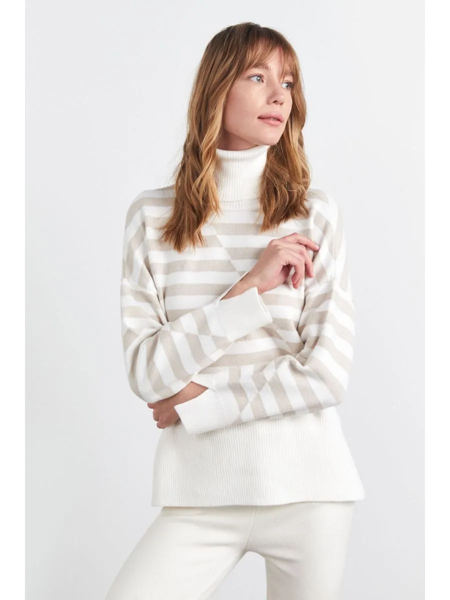 Asymmetrical Striped Full Turtleneck Ecru Beige Knitwear Sweater