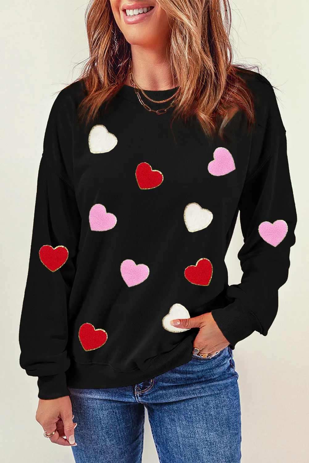 Black Heart Shaped Chenille Embroidered Crew Neck Sweatshirt