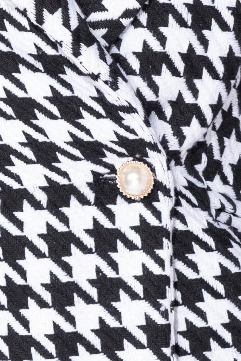 Black White Houndstooth Check Dome Button Double Breasted Blazer