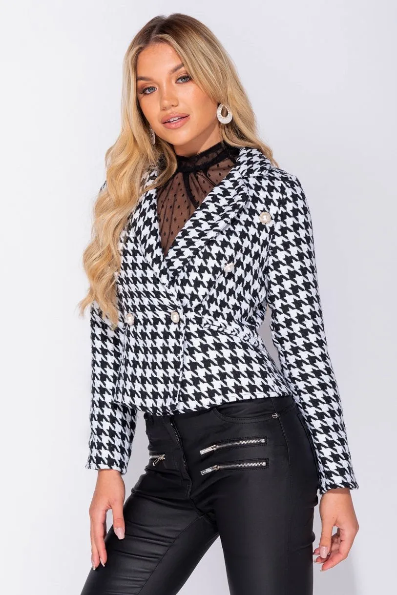 Black White Houndstooth Check Dome Button Double Breasted Blazer