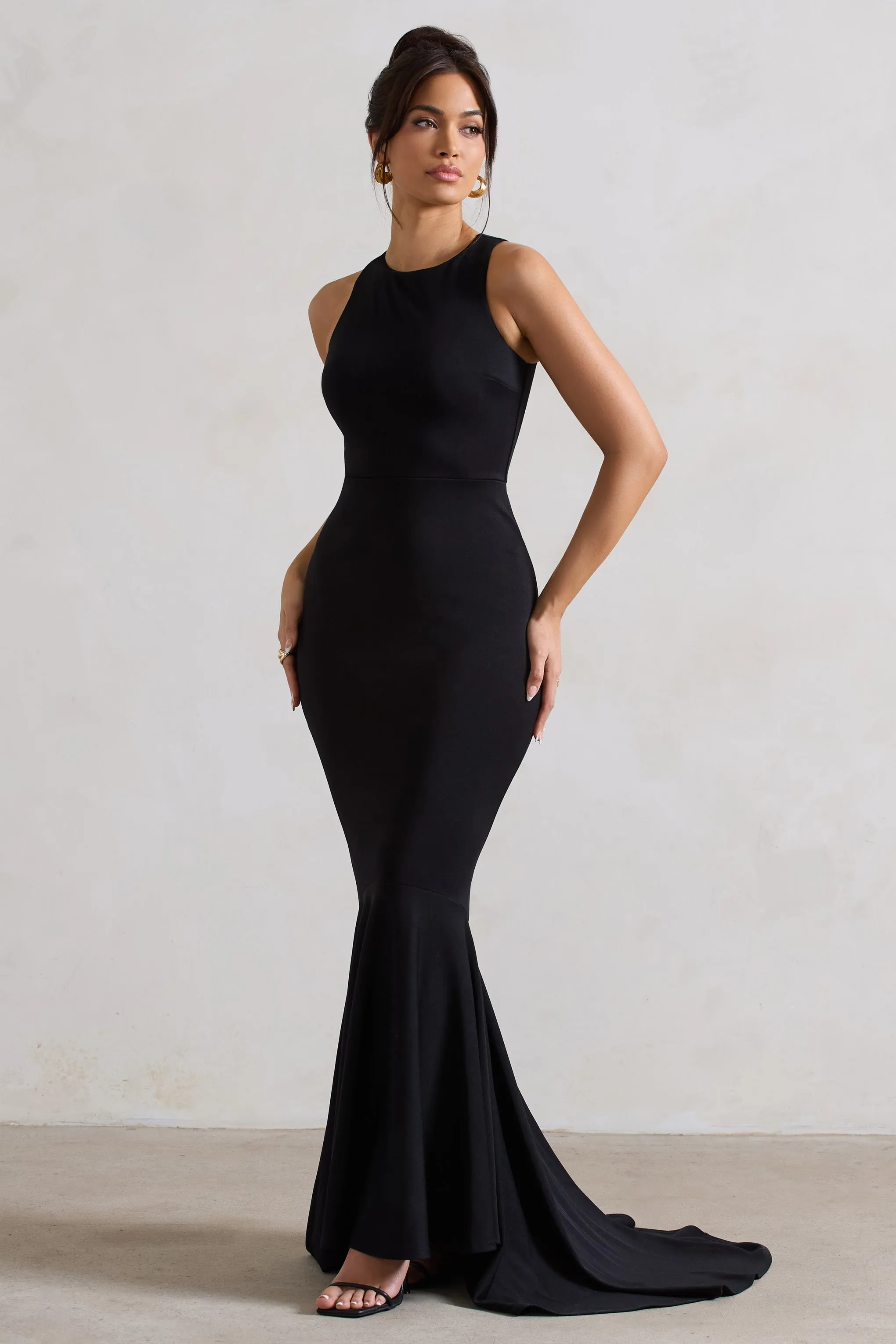 Bodhi | Black Racer-Neck Fishtail Maxi Dress