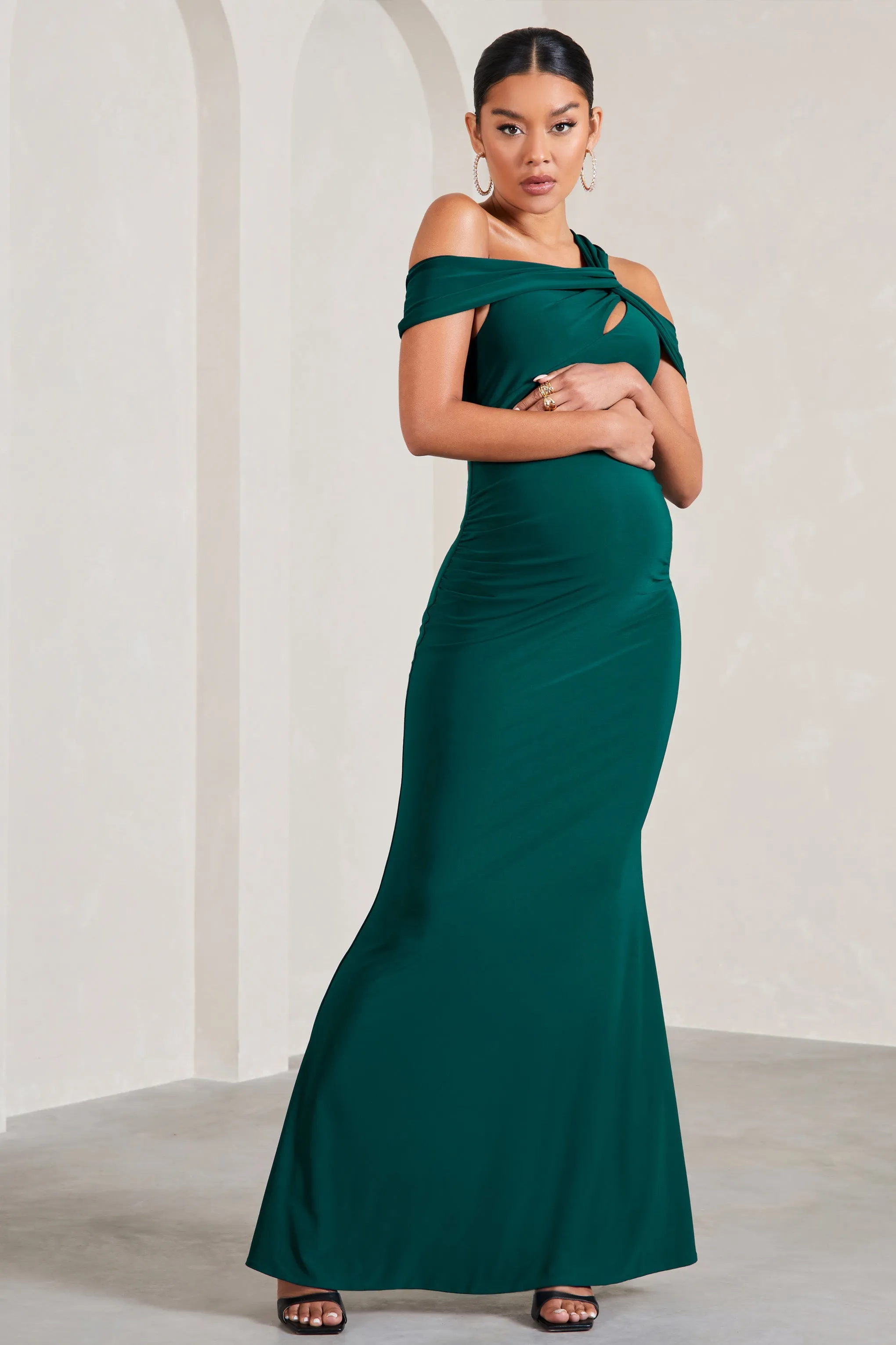 Captivating | Bottle Green Strappy Asymmetric Cut-Out Maternity Maxi Dress