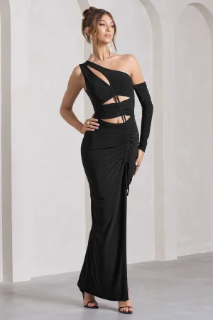 Carlina | Black Ruched One Shoulder Cut-Out Split Maxi Dress