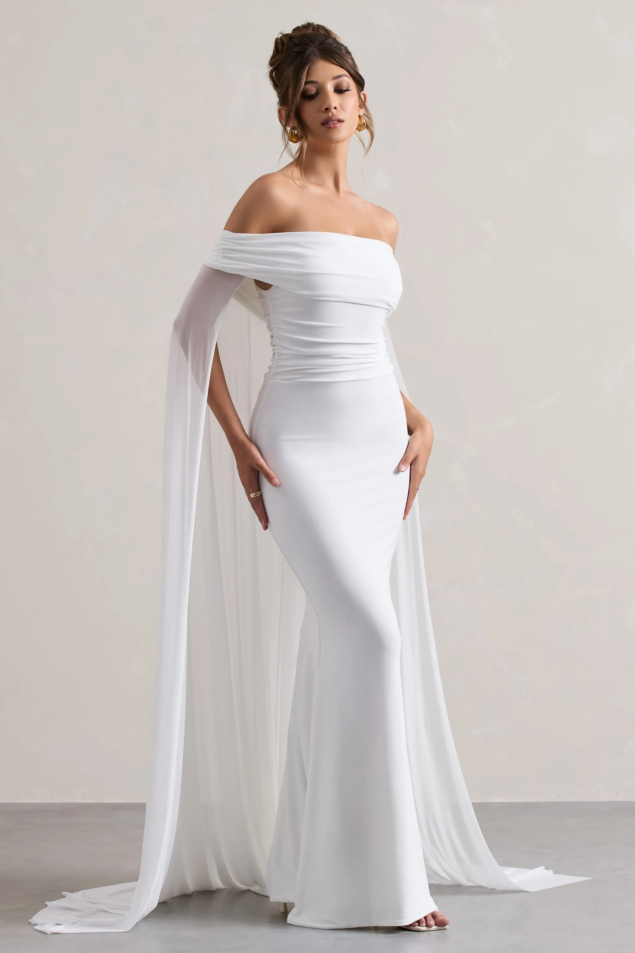 Carlotta | White Bardot Maxi Dress With Chiffon Cape