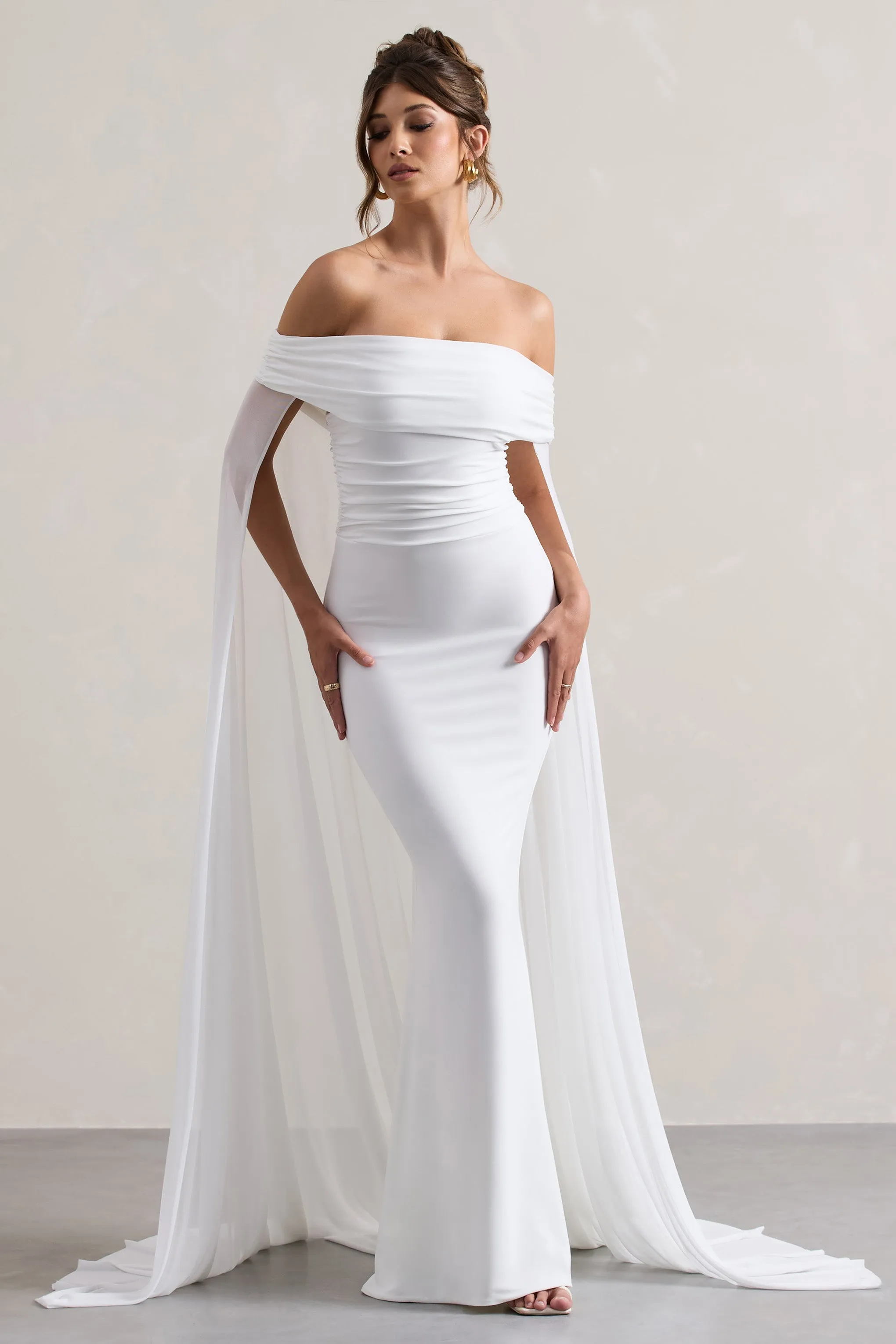 Carlotta | White Bardot Maxi Dress With Chiffon Cape