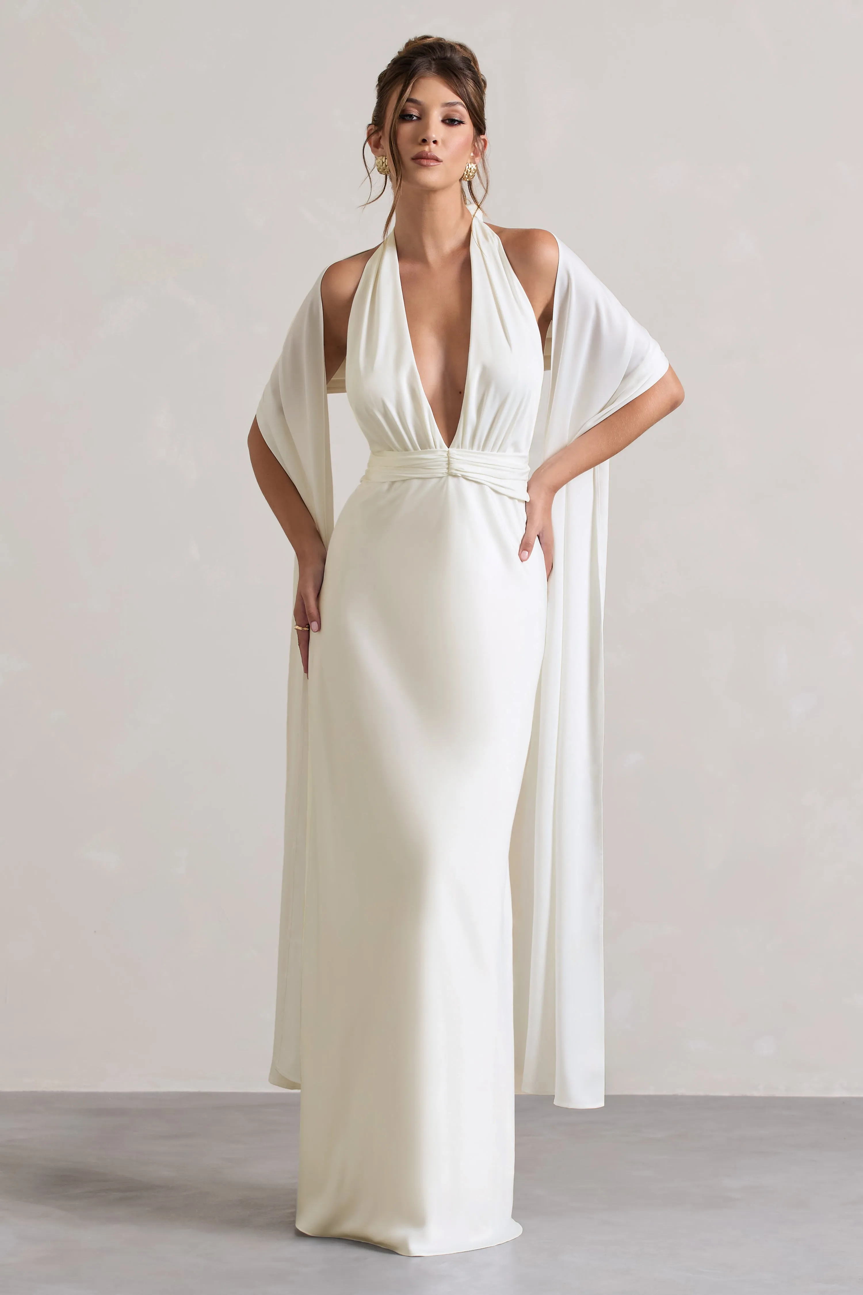 Carolyn | Ivory Satin Plunge Maxi Dress With Dipped Hem