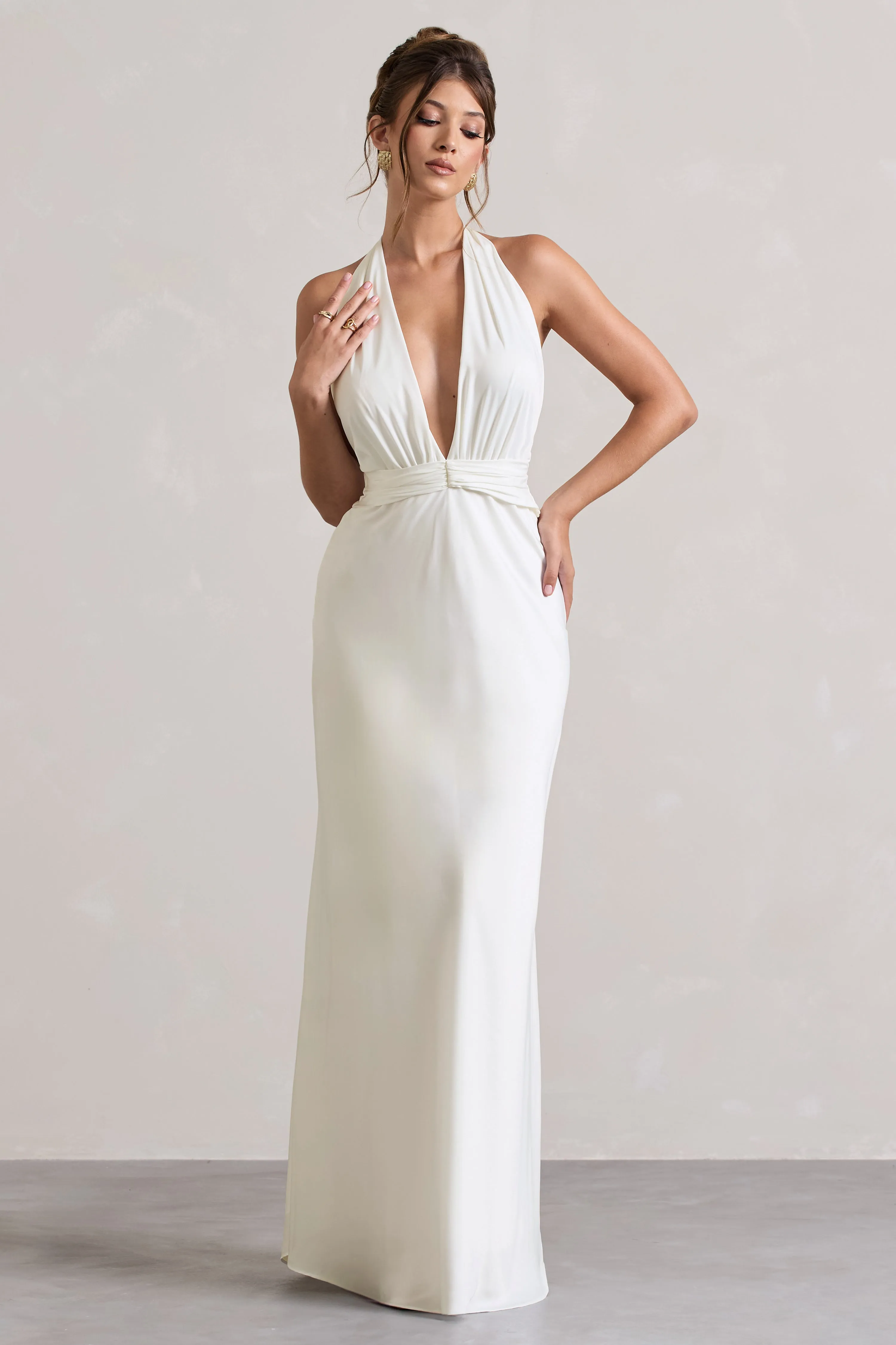 Carolyn | Ivory Satin Plunge Maxi Dress With Dipped Hem