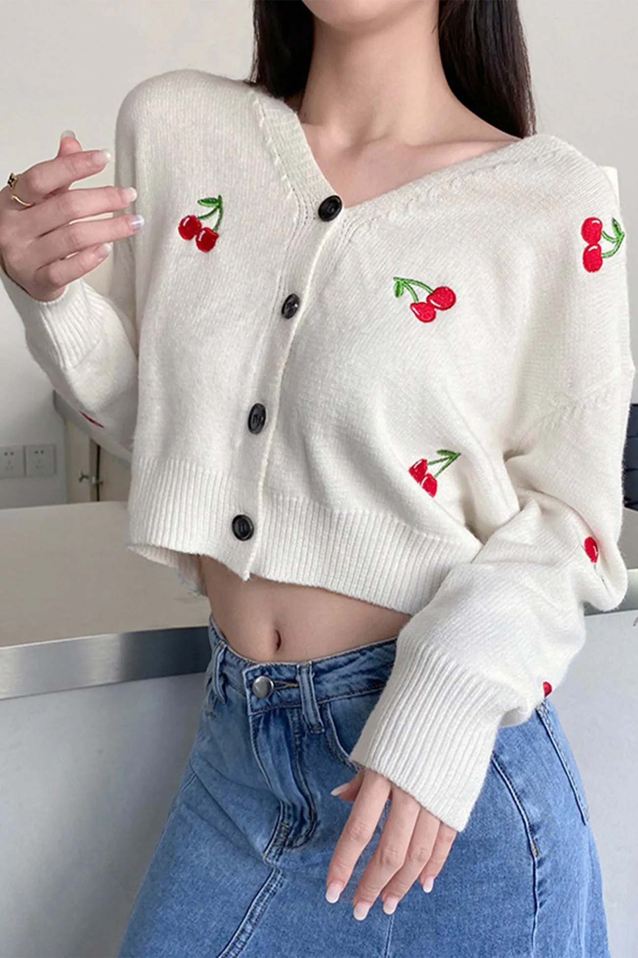 Cherry Embroidery Button-Front Cardigan