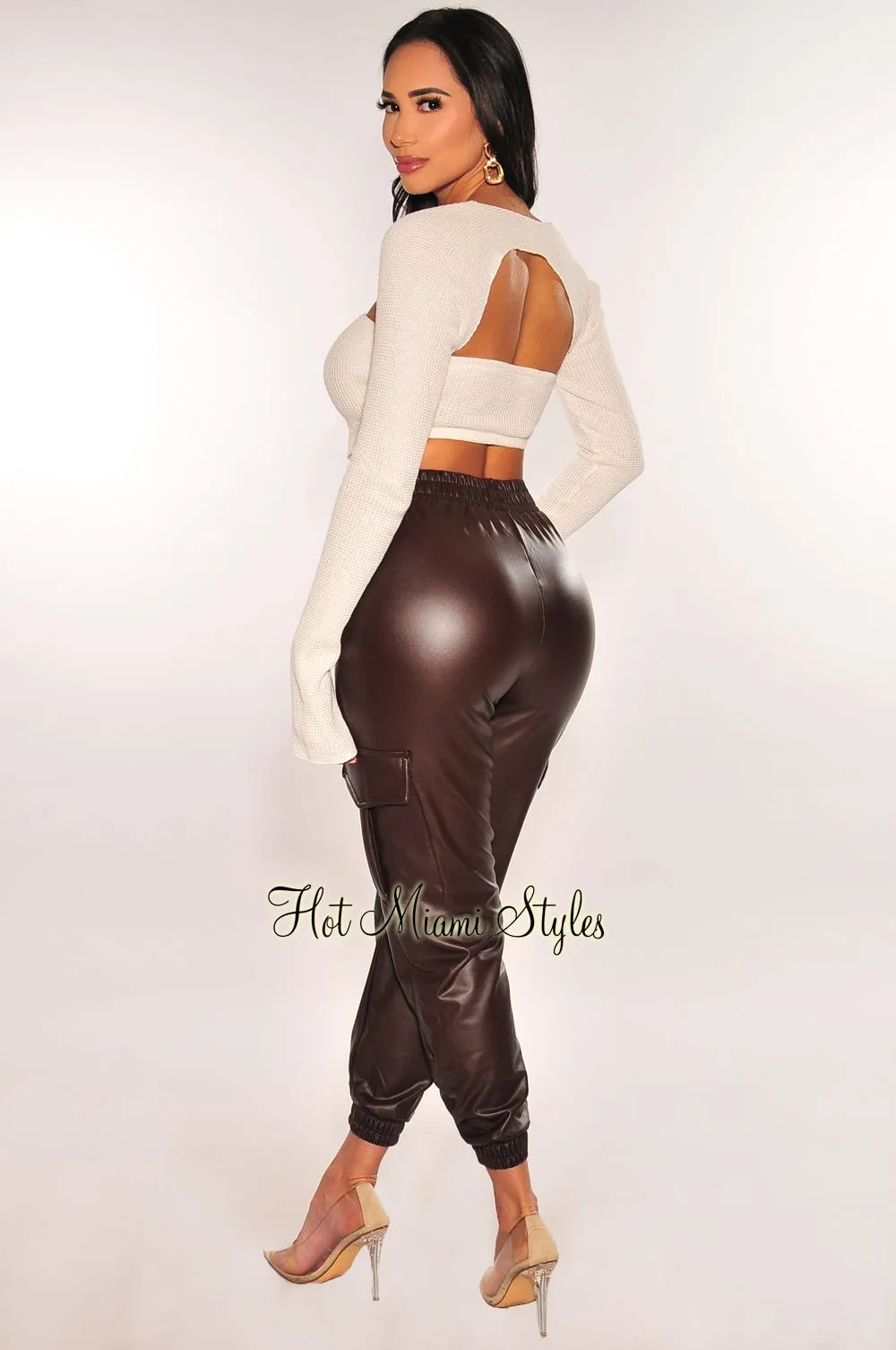 Chocolate Faux Leather Cargo Jogger Pants