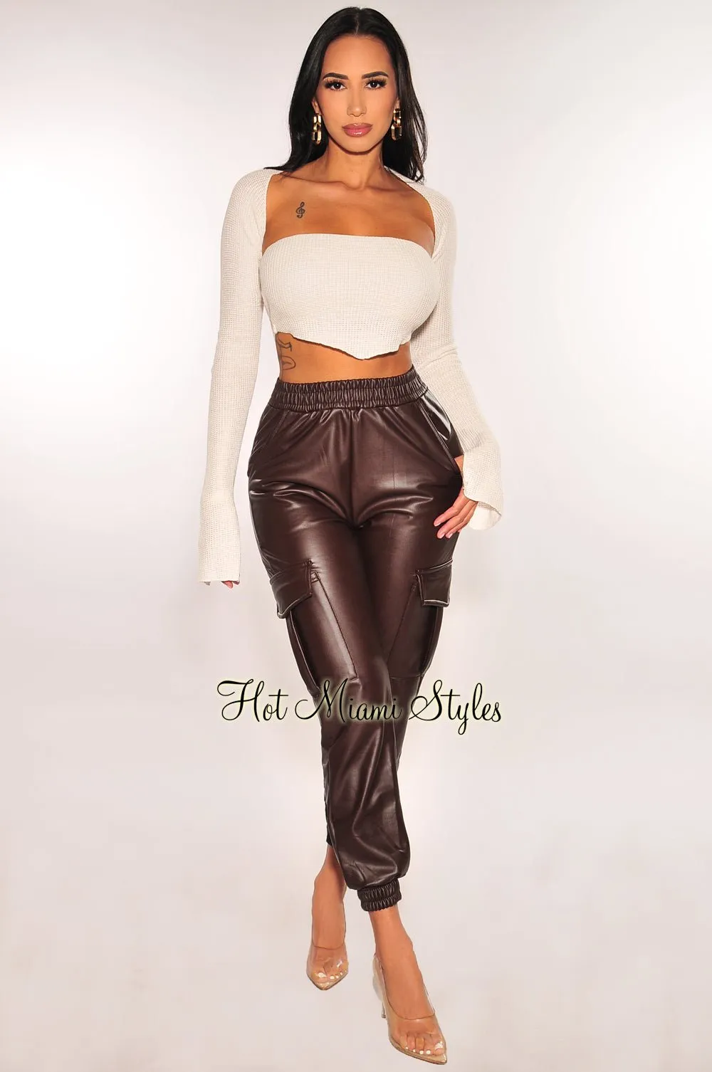 Chocolate Faux Leather Cargo Jogger Pants