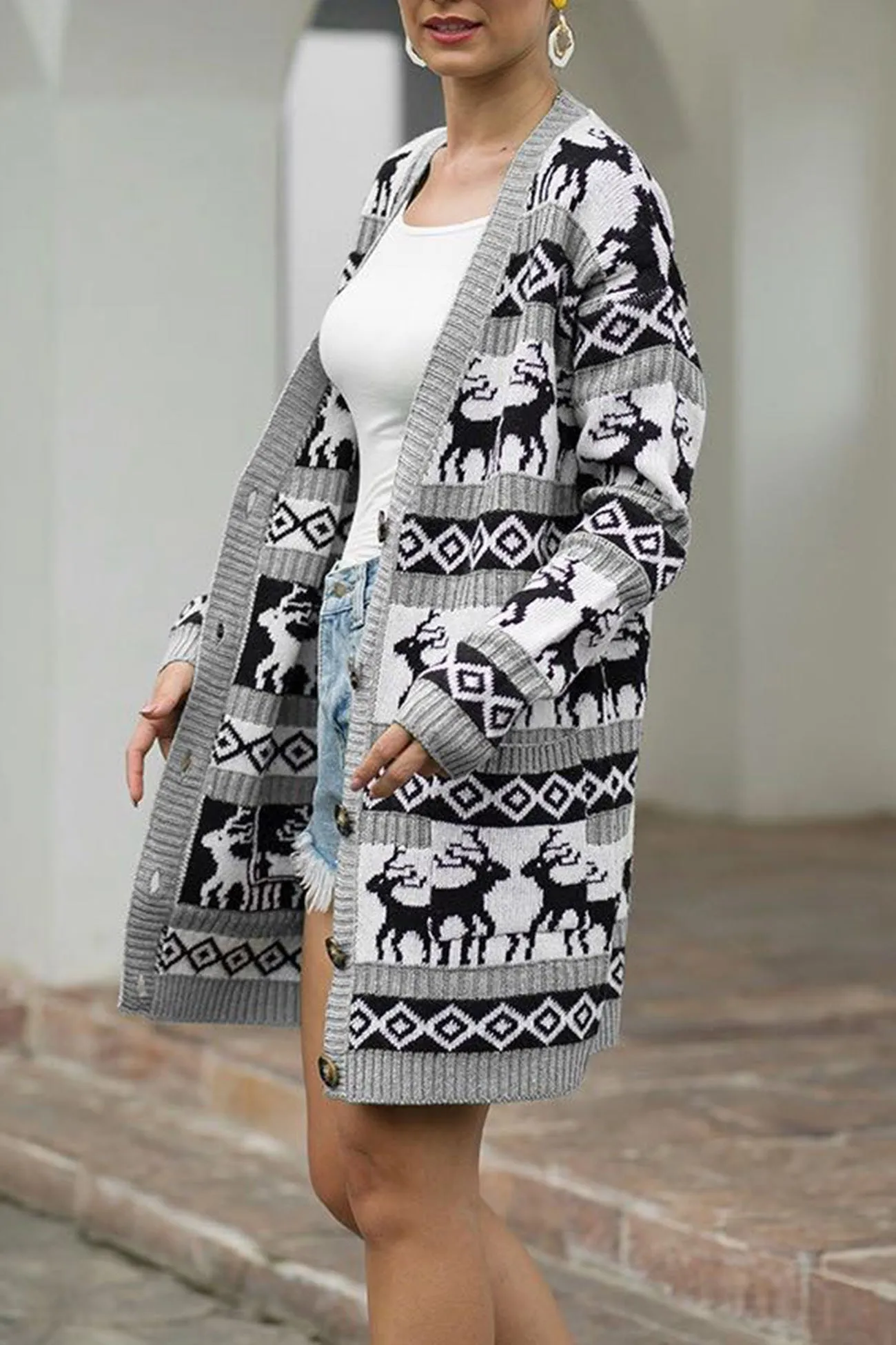 Christmas Snowflake Deer Mid-length Cardigan