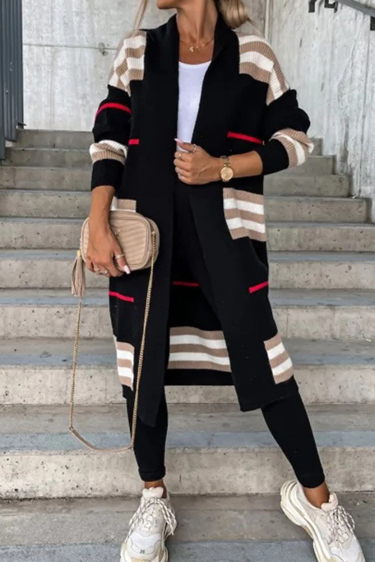 Contrast Striped Open Front Cardigan