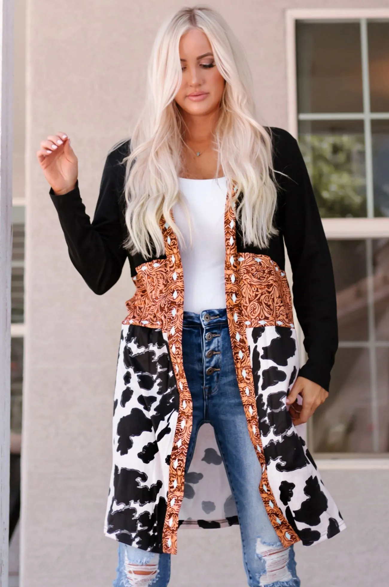 Cow Print Patchwork Open Front Cardigan