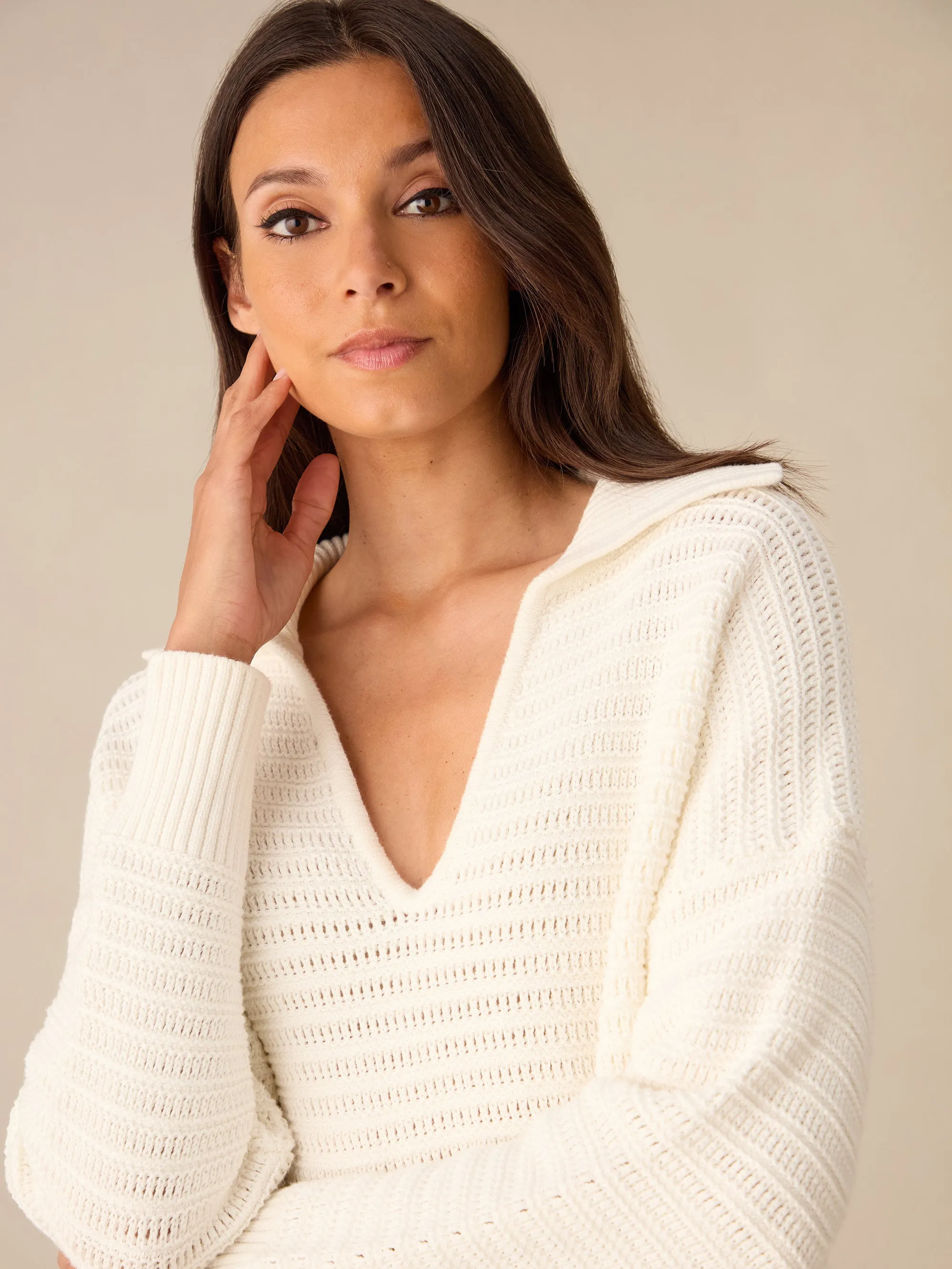 Cream Knitted Collared V-Neck Jumper