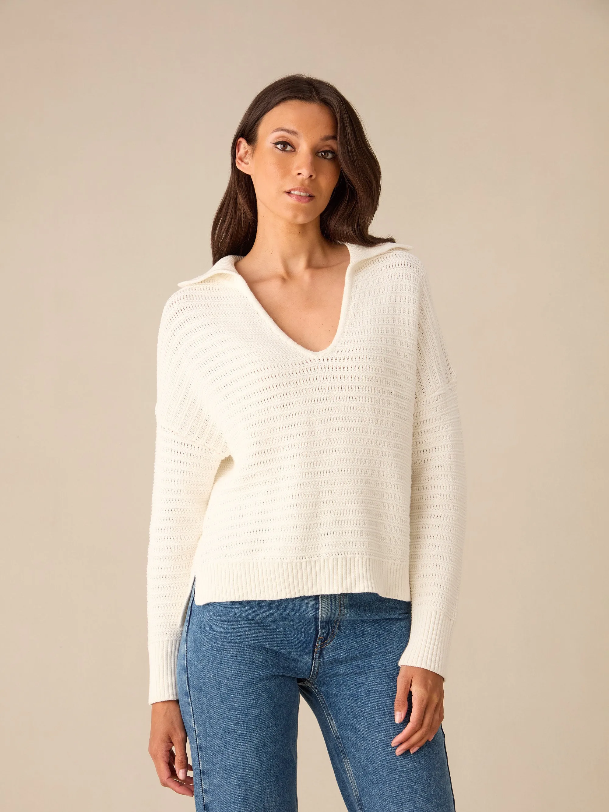 Cream Knitted Collared V-Neck Jumper