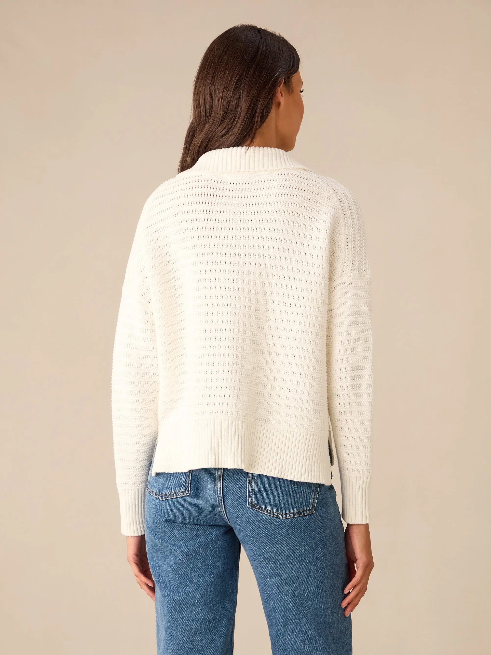 Cream Knitted Collared V-Neck Jumper