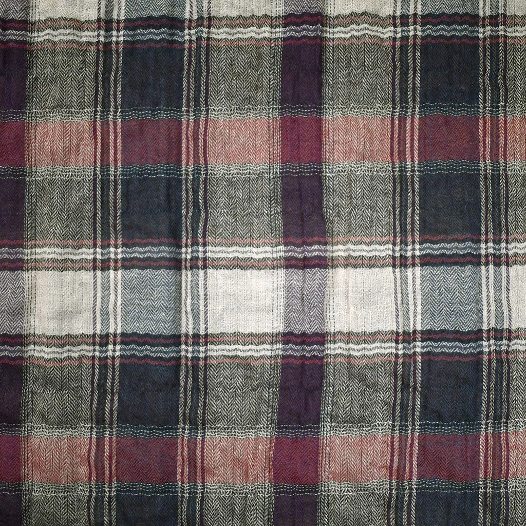 Crinkle Texture Plaid Cotton Blend Gauze Wine/Navy