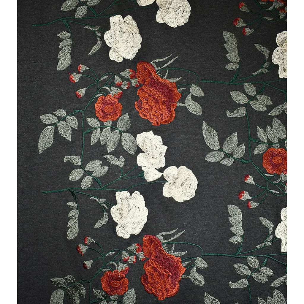 Designer Embroidered Autumn Floral Ponte Knit Charcoal