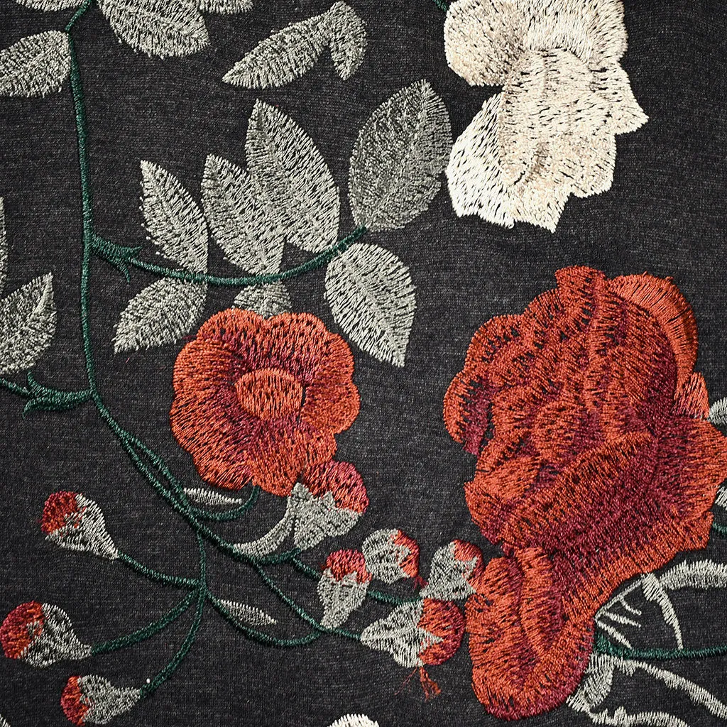 Designer Embroidered Autumn Floral Ponte Knit Charcoal