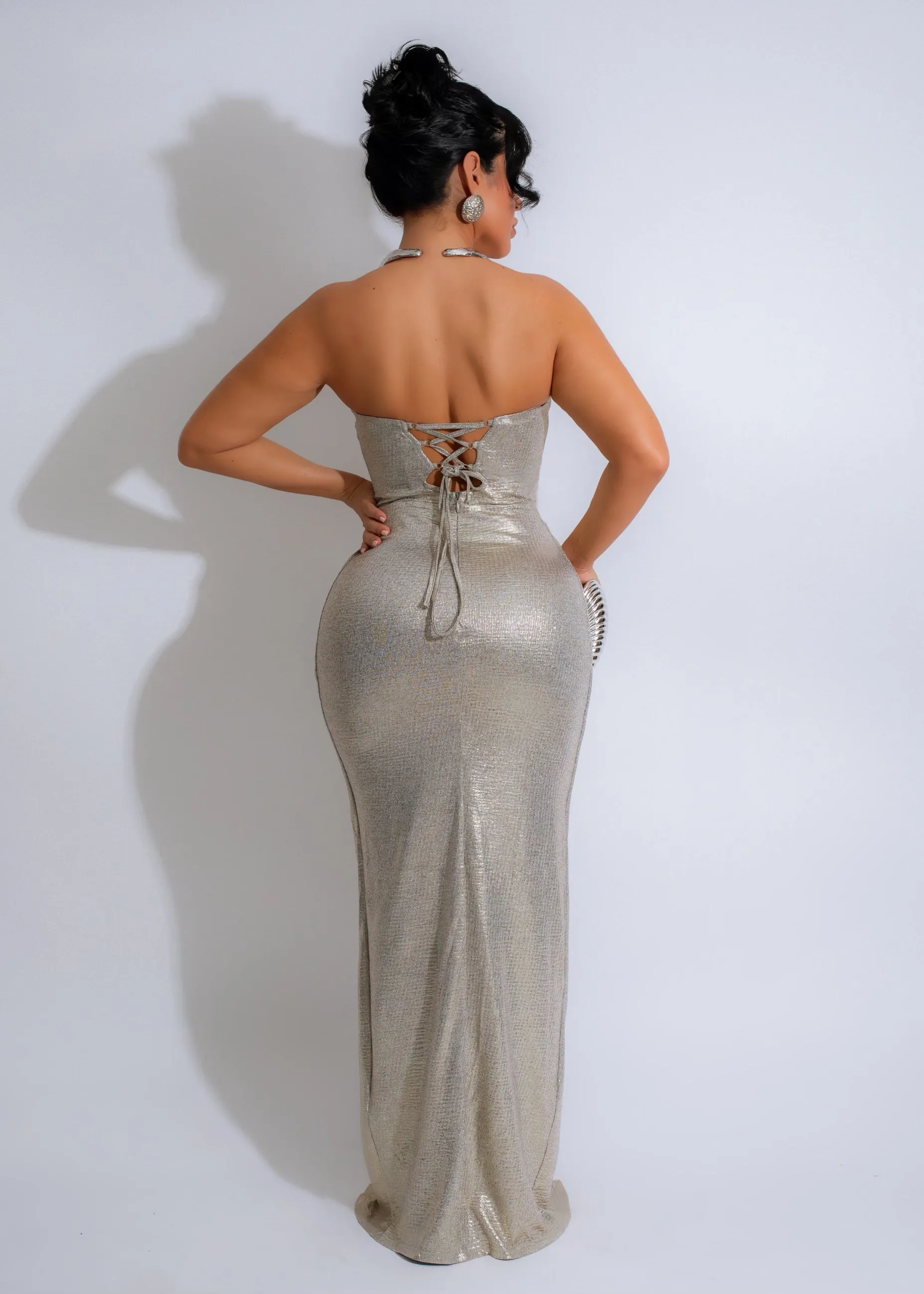 Dream Girl Metallic Ruched Maxi Dress Silver