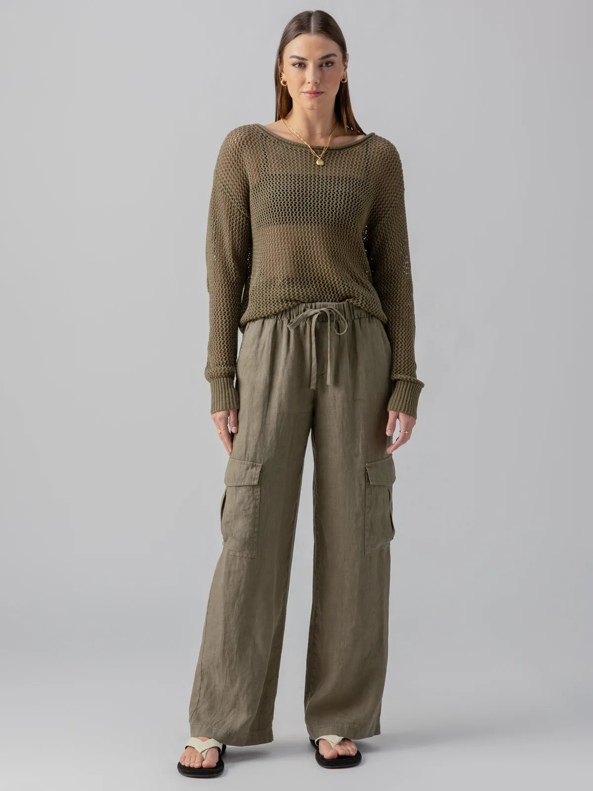 Drift Linen Cargo Semi-High Rise Pant Burnt Olive