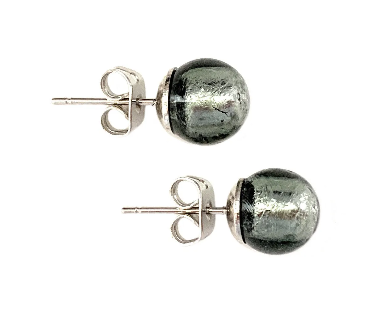 Earrings with dark grey and white gold Murano glass sphere studs on surgical steel posts