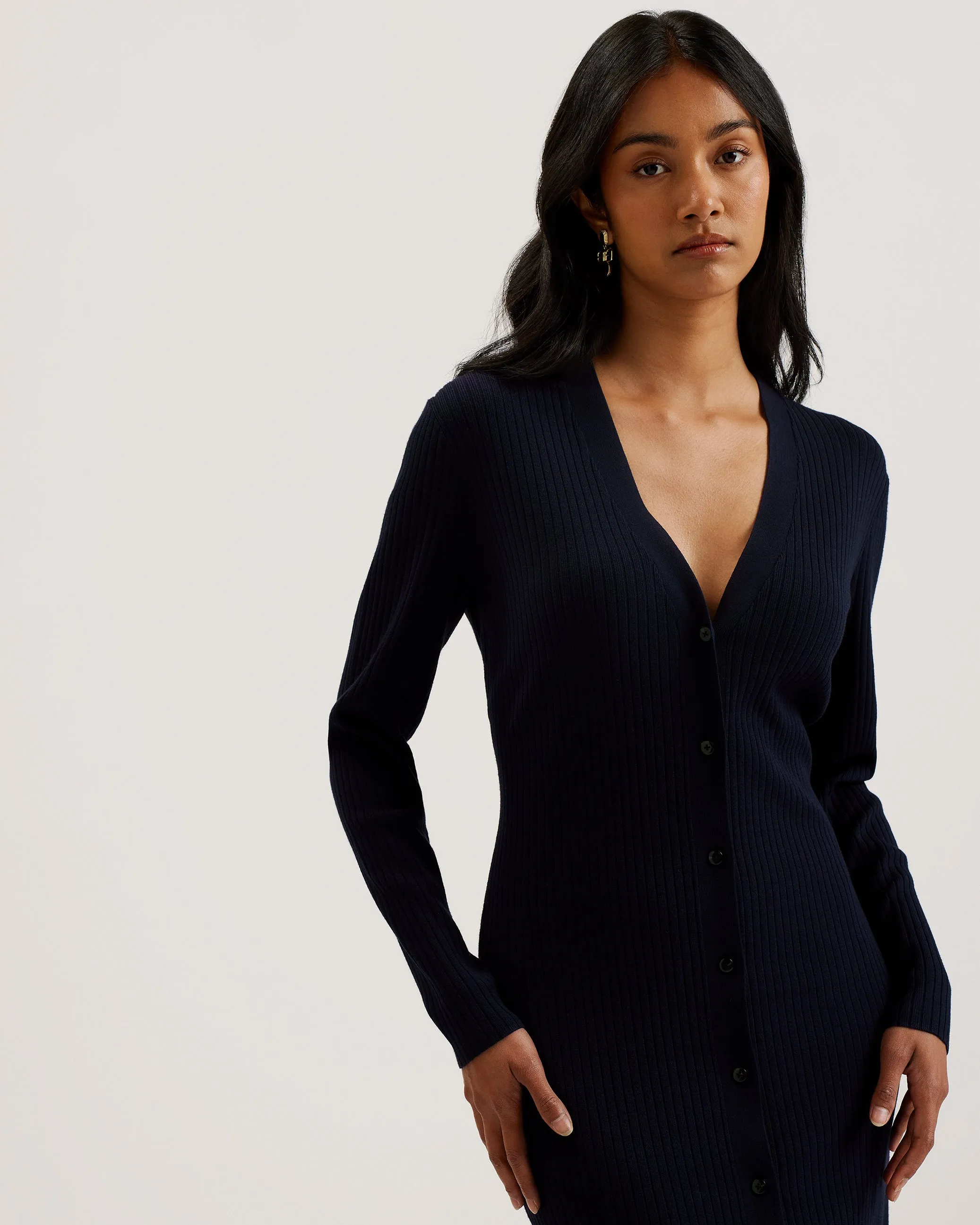 Elmhaa Ribbed Knitted V Neck Maxi Cardigan Navy