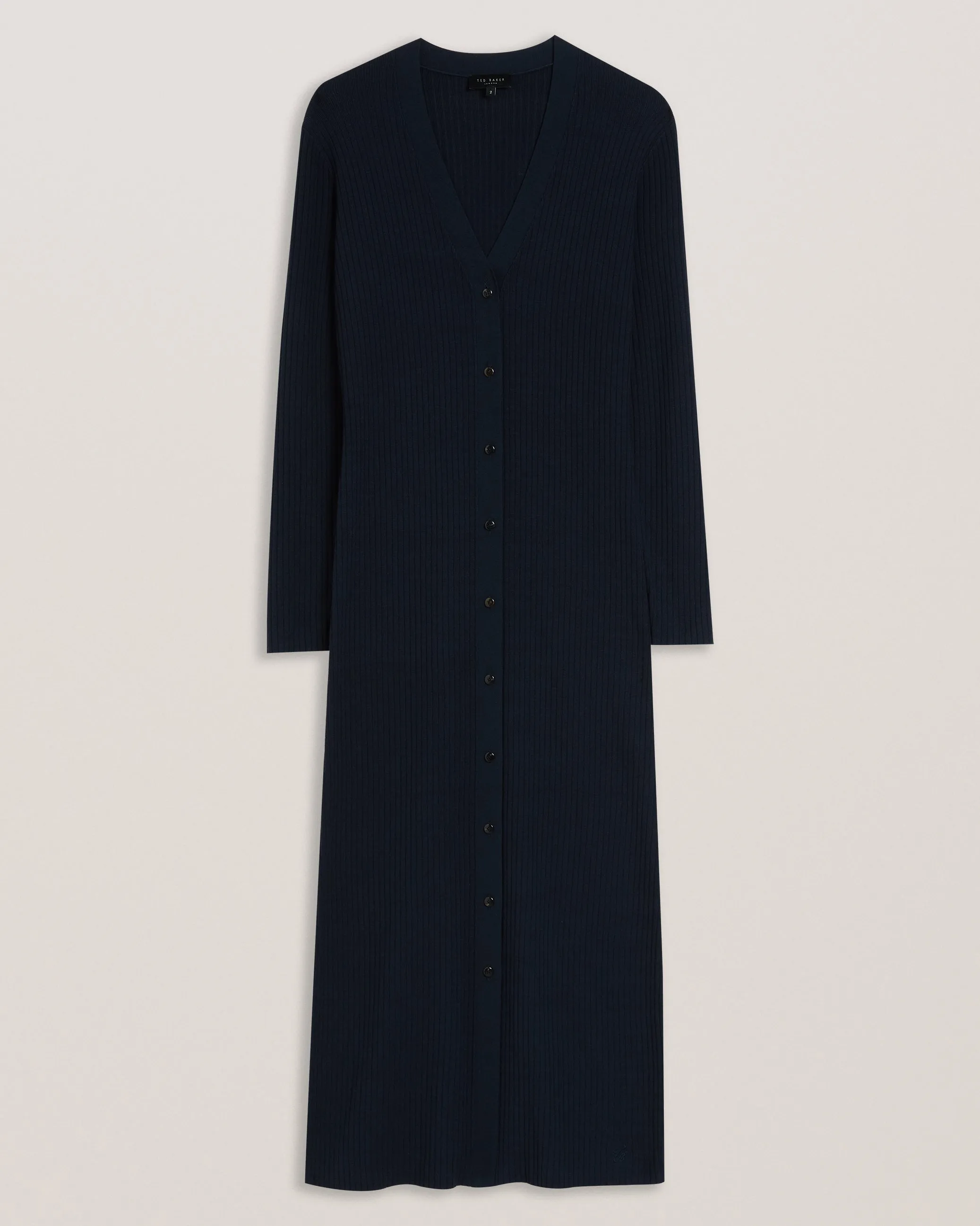 Elmhaa Ribbed Knitted V Neck Maxi Cardigan Navy