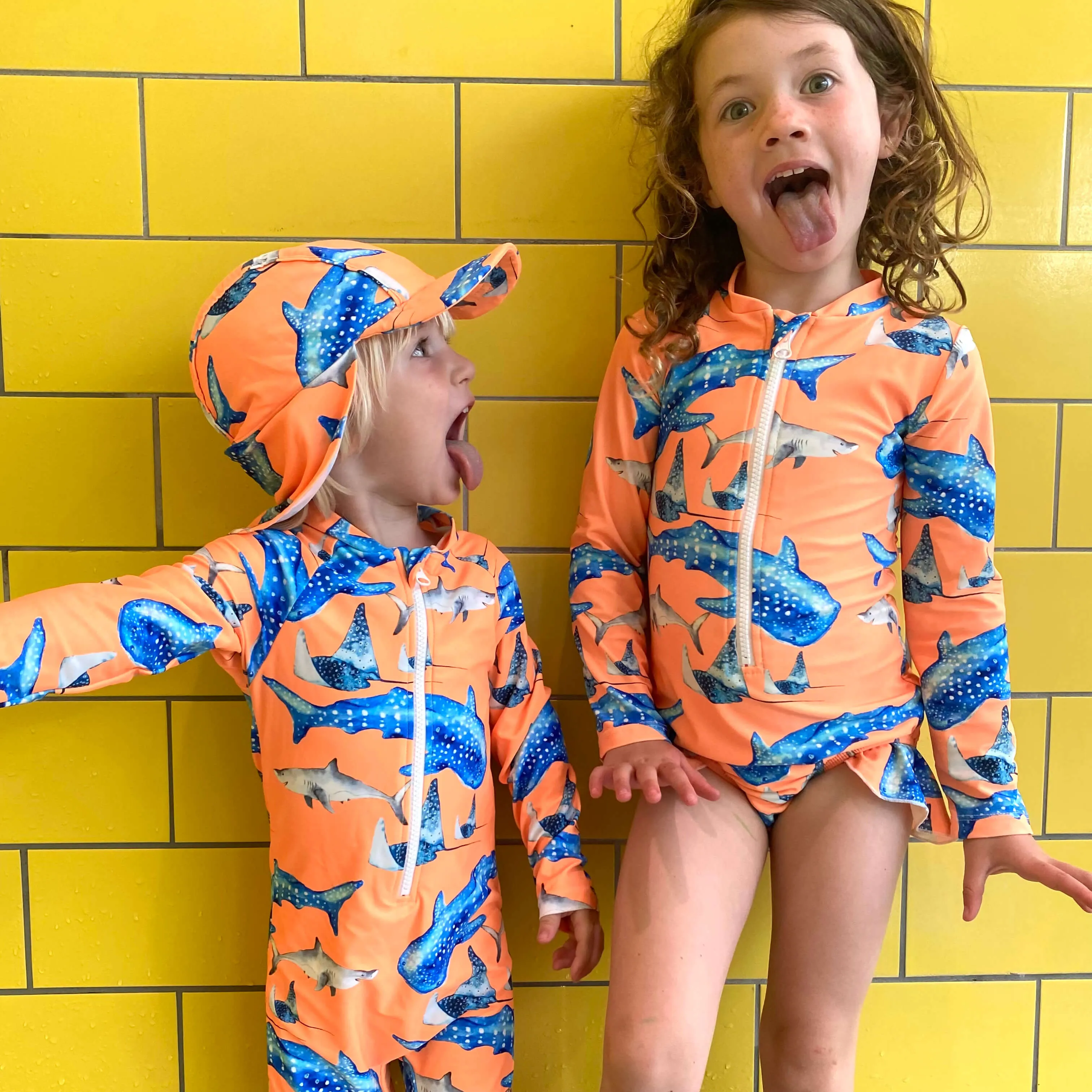 Fluro Orange Sharks Girls Long Sleeve Zip Swimmers