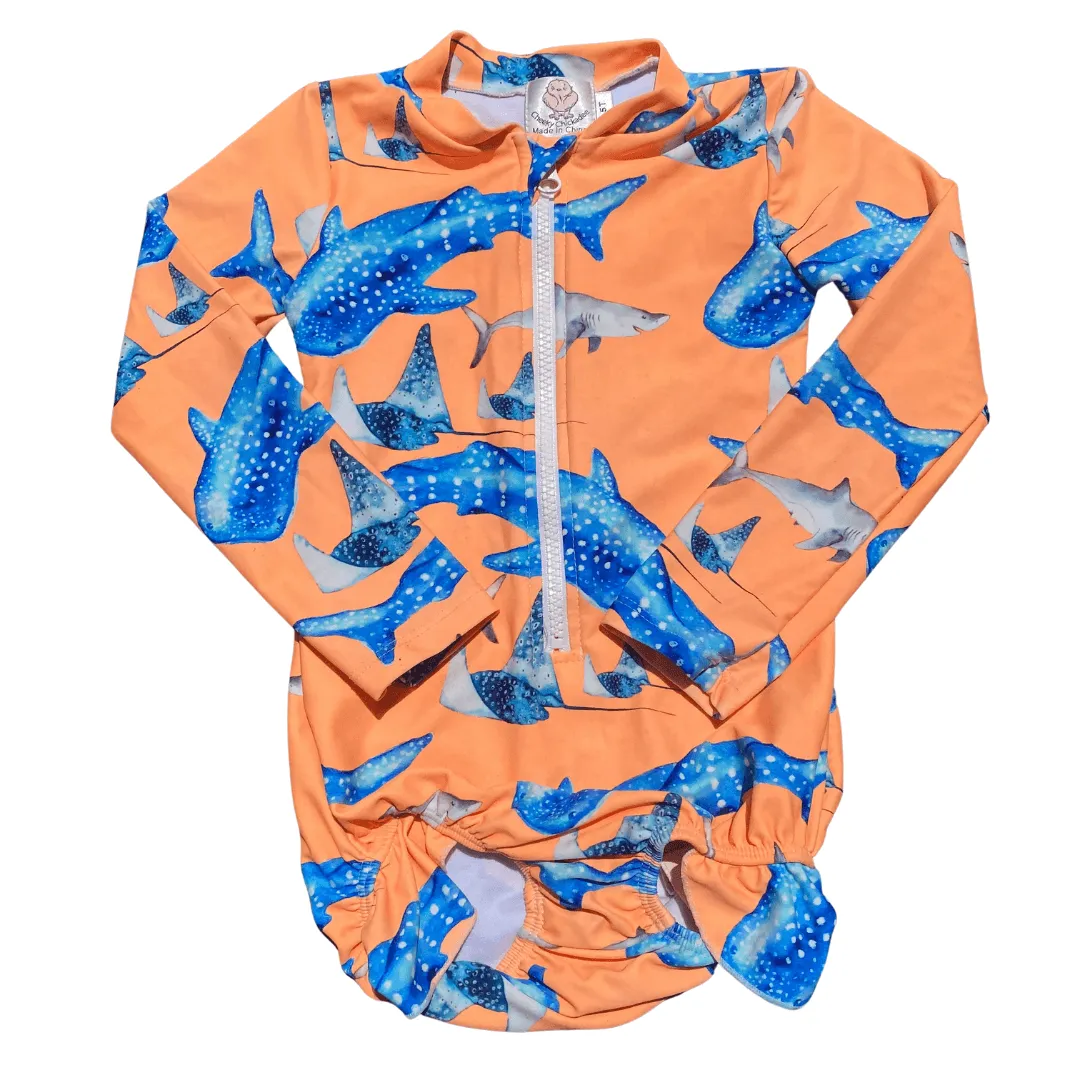 Fluro Orange Sharks Girls Long Sleeve Zip Swimmers