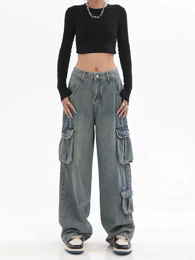 Getadme Blue Cargo Pants Women Casual Hippie Denim Trousers Baggy Low Waist Mom Jeans Women Vintage Y2k 90s Grunge Streetwear Tide