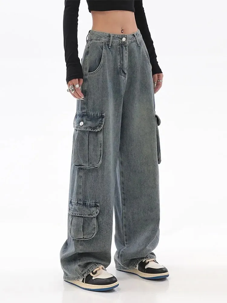 Getadme Blue Cargo Pants Women Casual Hippie Denim Trousers Baggy Low Waist Mom Jeans Women Vintage Y2k 90s Grunge Streetwear Tide