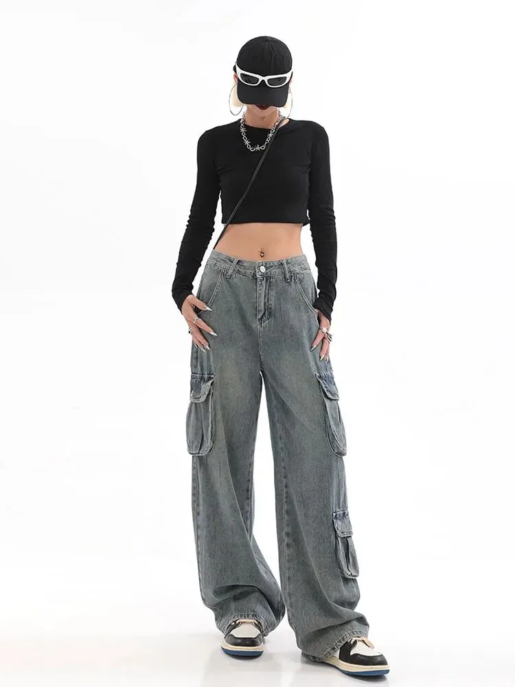 Getadme Blue Cargo Pants Women Casual Hippie Denim Trousers Baggy Low Waist Mom Jeans Women Vintage Y2k 90s Grunge Streetwear Tide