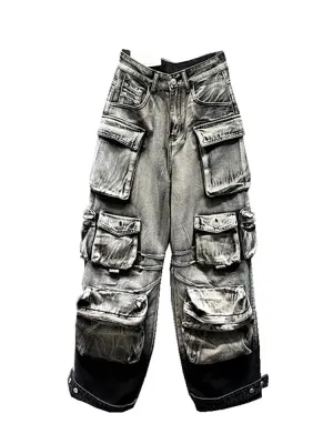 Grey Gradient Multi-Pocket Denim Cargo Pants